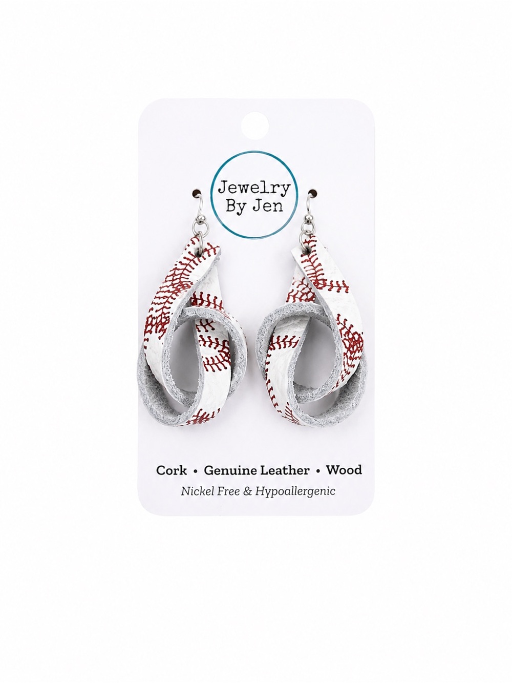 White & Red Baseball Stitch Leather Loop Earrings